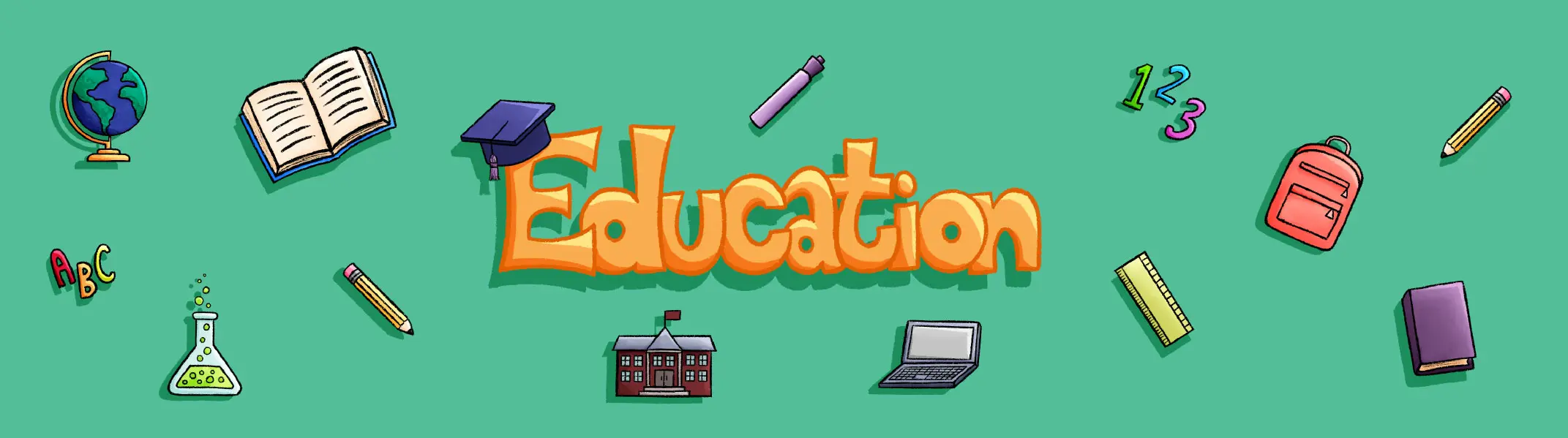 Education-themed icons on green background.