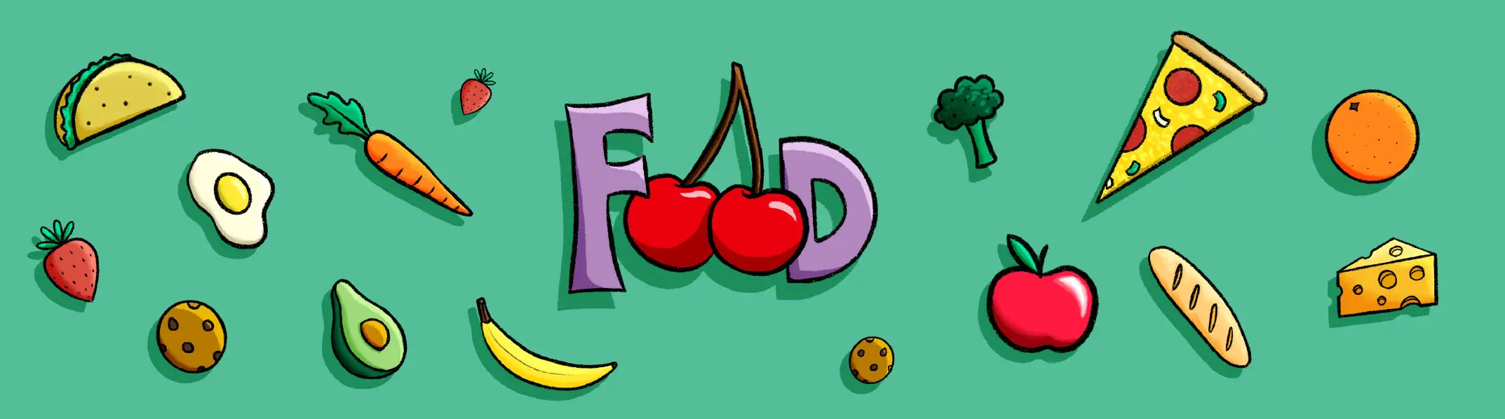 Colorful food illustrations with "Food" text centerpiece.