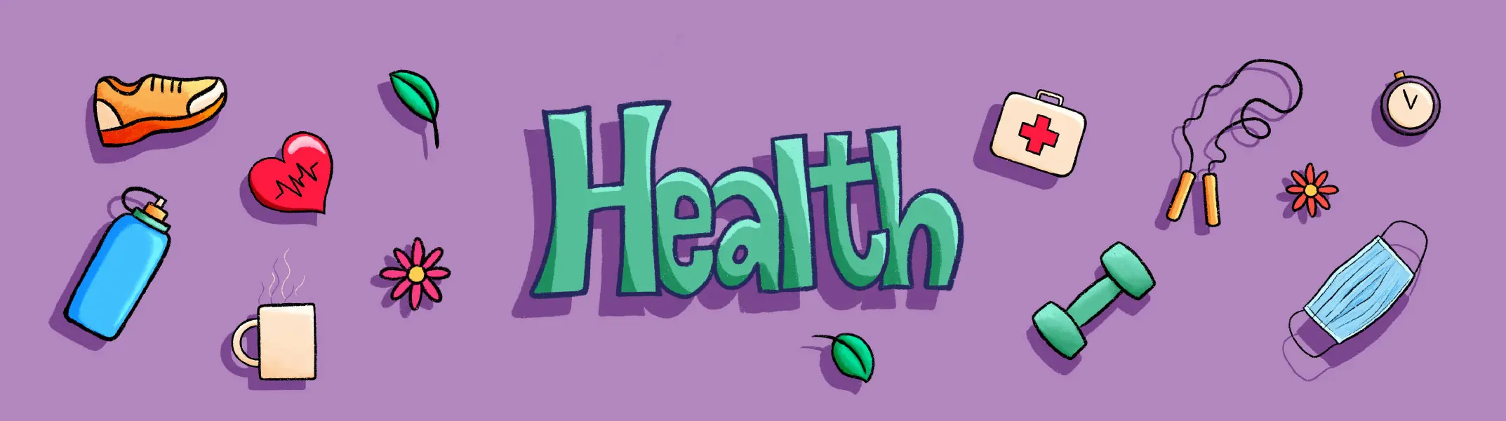 Health-related items on purple background illustration.