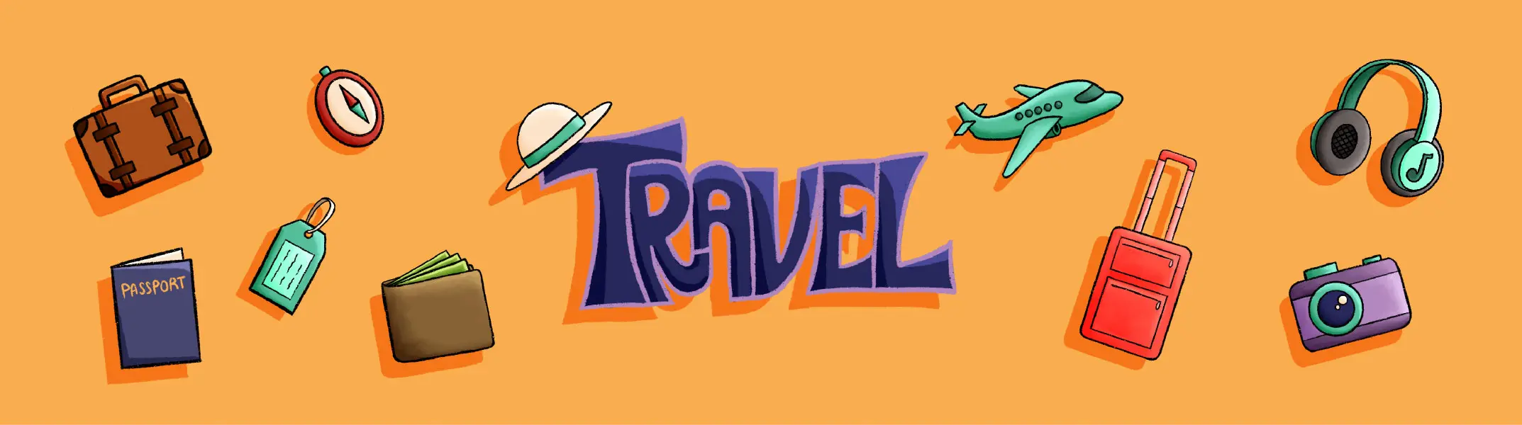 Travel-themed icons on an orange background.