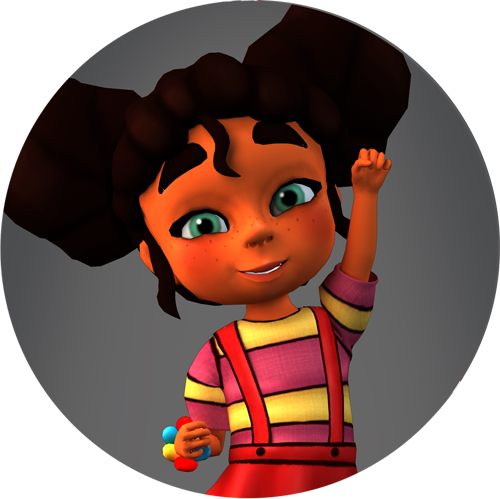 Smiling animated girl with colorful outfit.