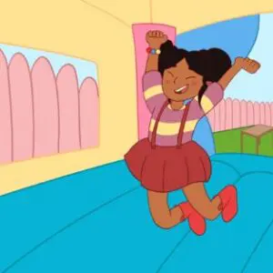 Girl jumping happily in a bounce house.