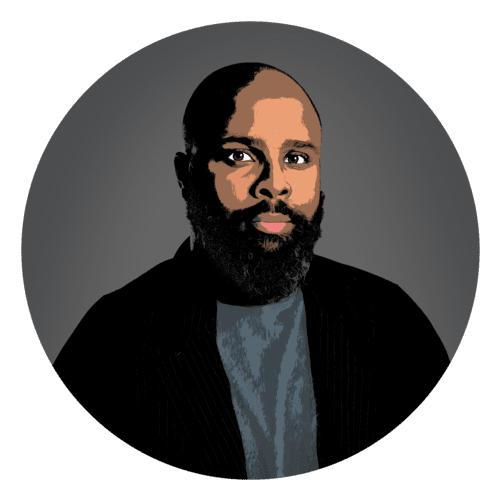 Illustrated portrait of a bearded person.