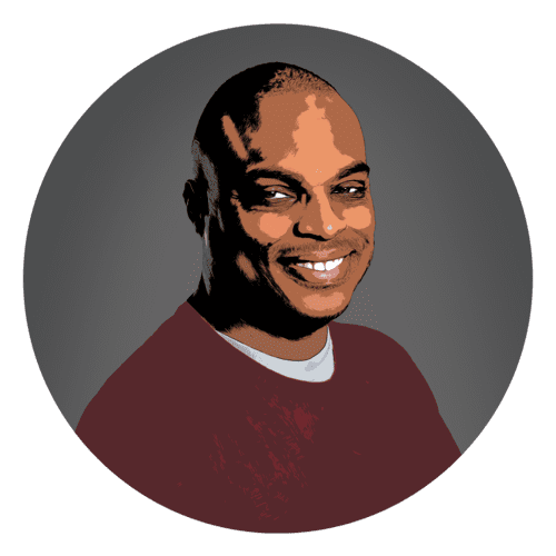 Smiling man in a circular portrait illustration.