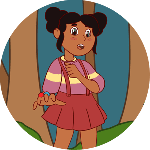 Cartoon girl holding keys in forest.