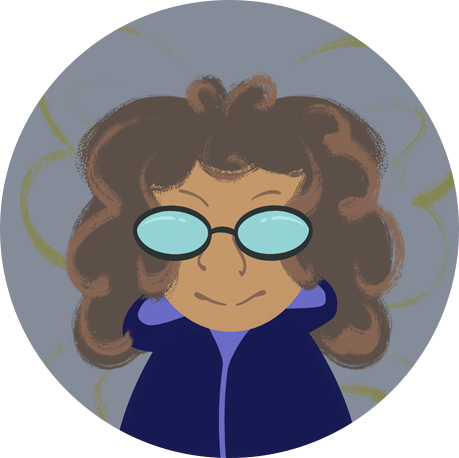 Cartoon person with curly hair and glasses.