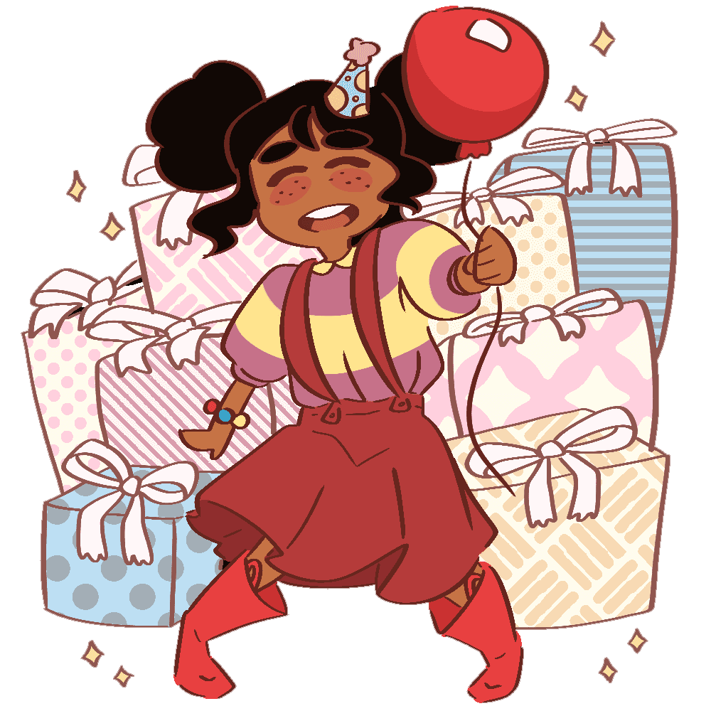 LalitaImg2 Child holding balloon, surrounded by gifts.