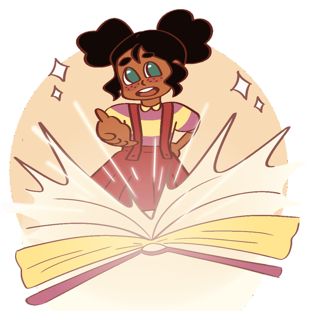 LalitaImg3 Cartoon girl emerging from magical book.