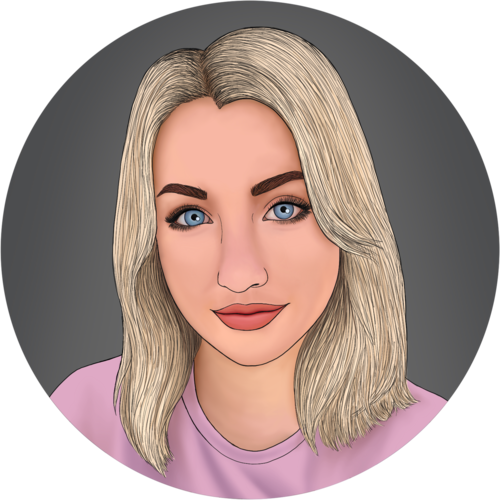 Illustrated portrait of a woman with blonde hair.