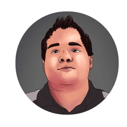 Illustrated portrait of a person with dark hair.