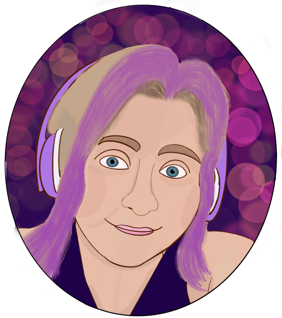 Illustration of person with purple hair, headphones.