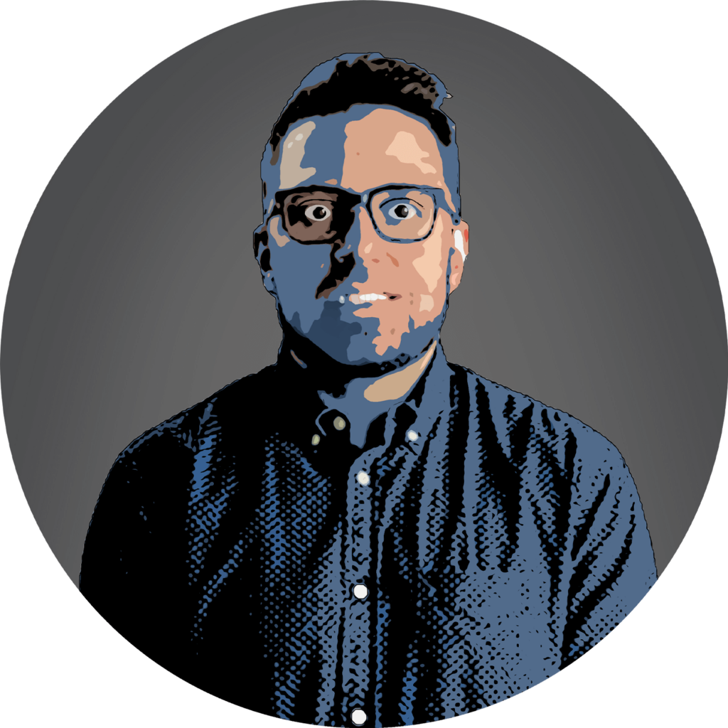 Stylized portrait of a man with glasses.