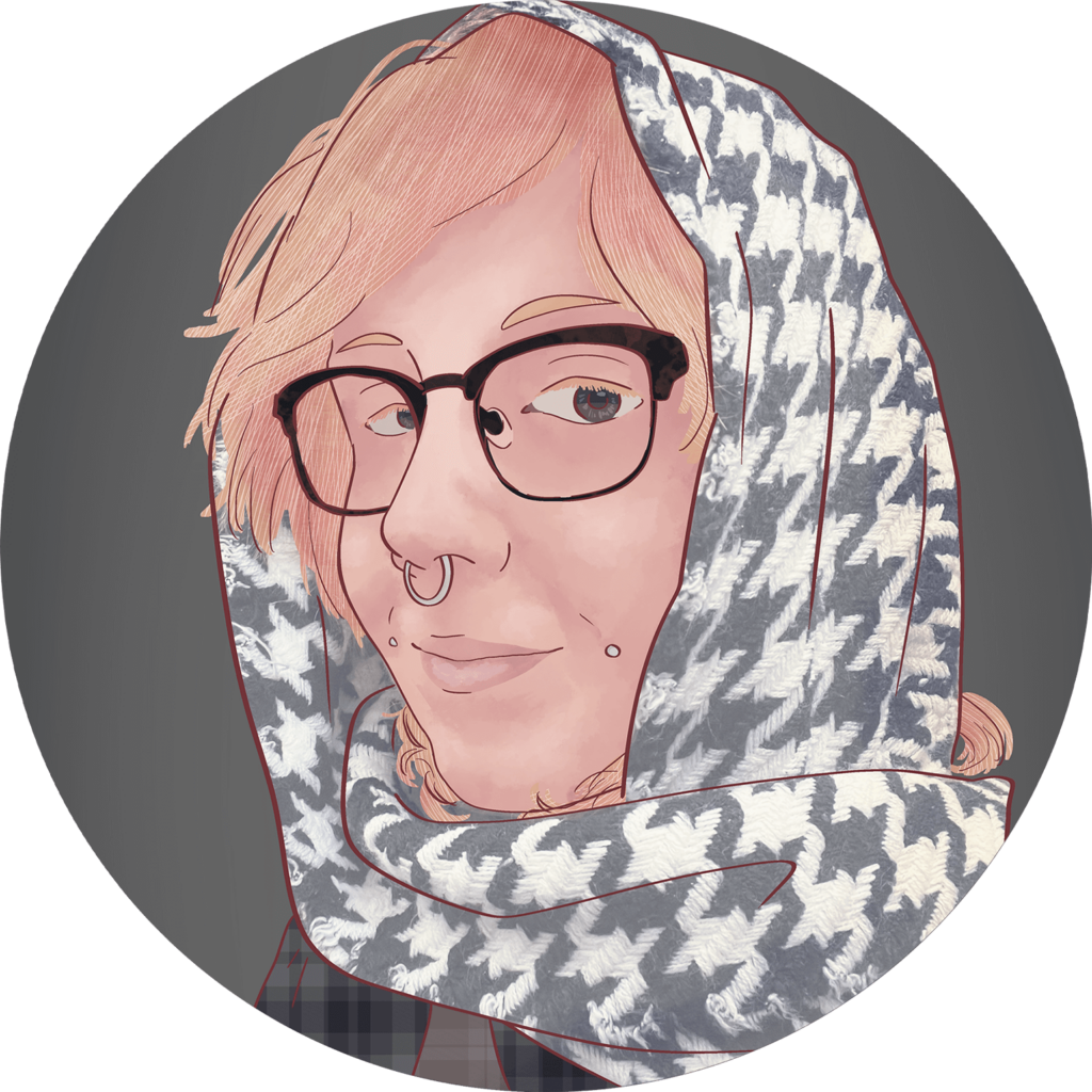 Illustration of person with glasses and scarf.
