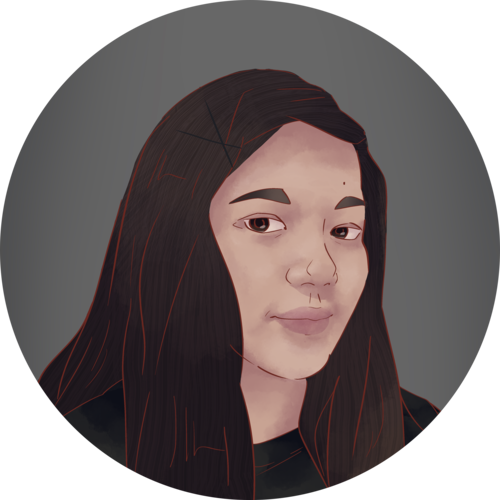 Illustrated portrait of a woman with long hair.