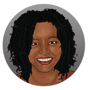 Smiling illustration of a woman with curly hair.