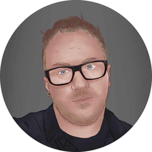 Illustrated person with glasses and piercings.
