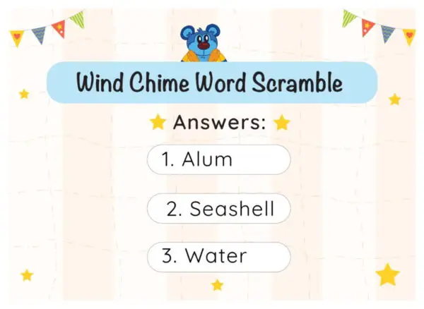 A wind chime word scramble game with answers.