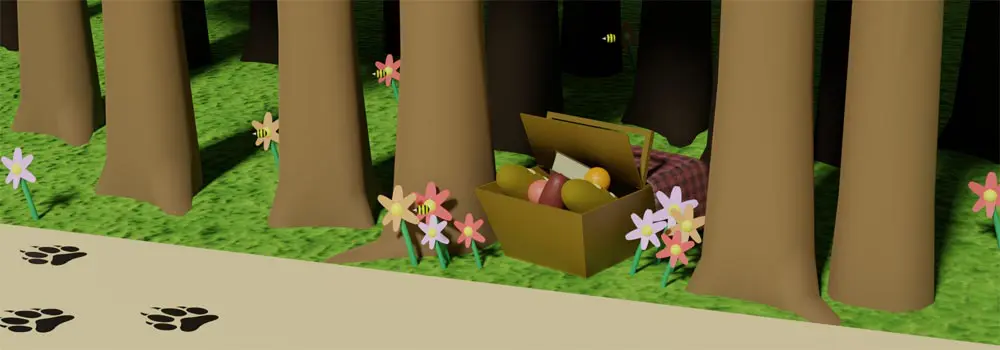 3DImg3 (1) A box of fruit sitting in the grass next to flowers.