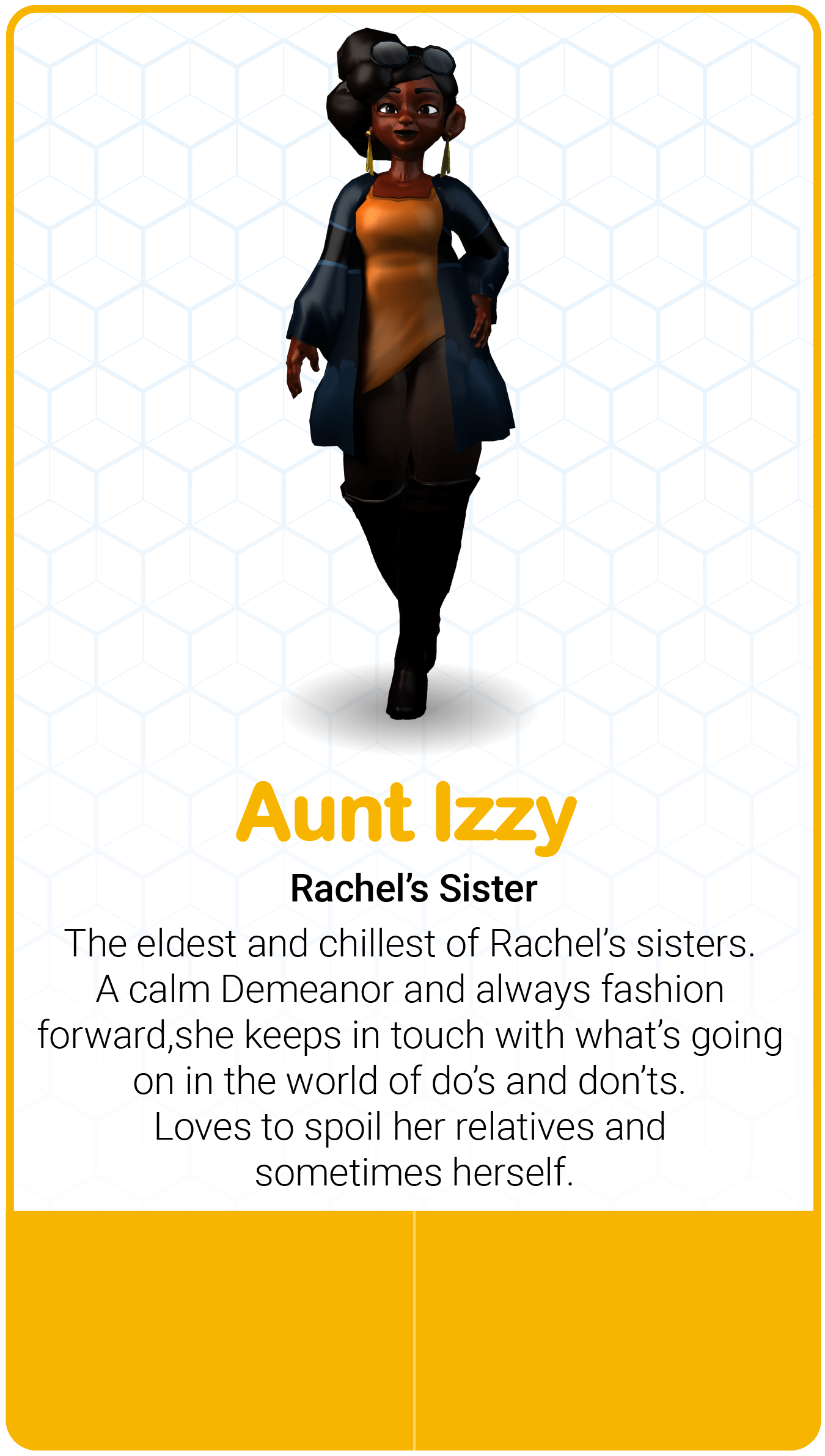 Illustration of Aunt Izzy character description.