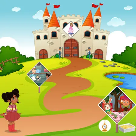 A girl is standing in front of a castle.
