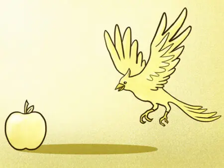 A bird flying over an apple to eat it.