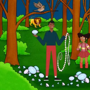 A man and girl in the woods with a lion.