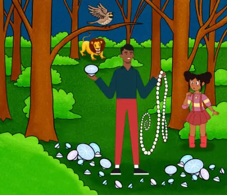 A man and girl in the woods with a lion.
