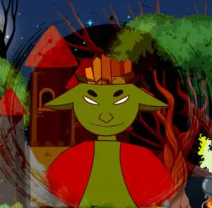 A cartoon of a green creature with a red hat.