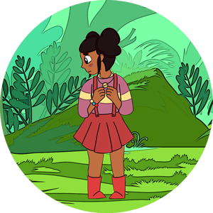 A cartoon of a girl in a red skirt