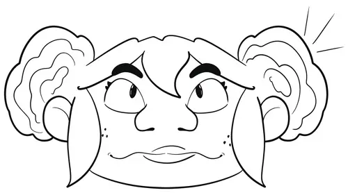 A drawing of a face with two ears and one ear missing.
