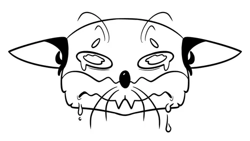 A drawing of a cat face with tears coming out it.
