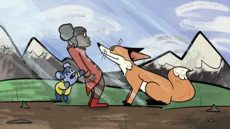 A woman and dog are walking in the road.