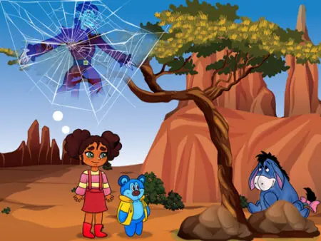 A cartoon of a girl and two other characters.