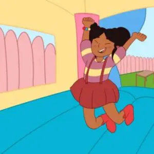 A cartoon of a girl jumping in the air.