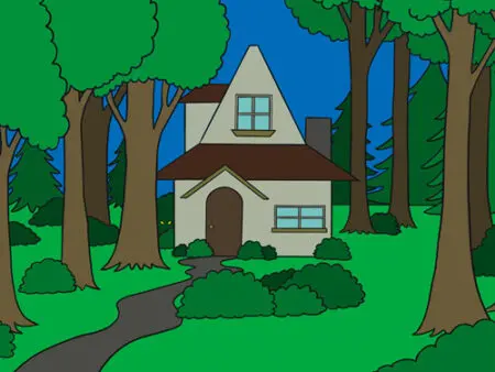 A cartoon of a house in the woods