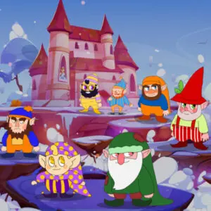 A group of dwarfs and wizards in front of a castle.