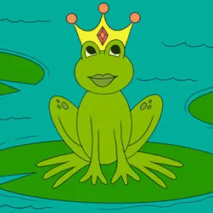 A frog with a crown sitting on top of a leaf.