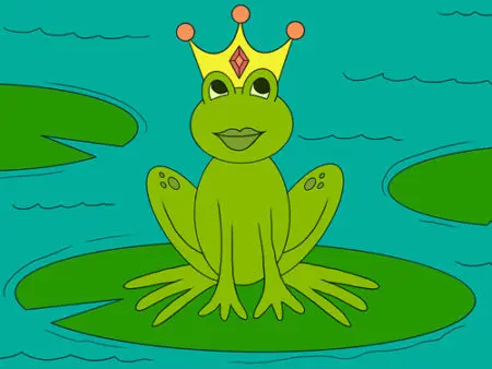 A frog with a crown sitting on top of a leaf.