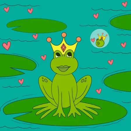 A frog with a crown sitting on top of a leaf.