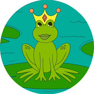 A frog with a crown sitting on top of grass.