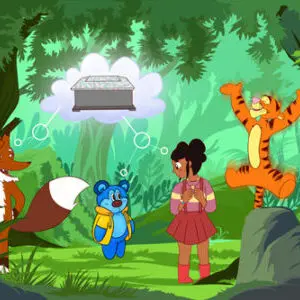 A group of people in the woods with trees