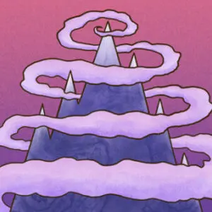A purple sky with clouds and a mountain