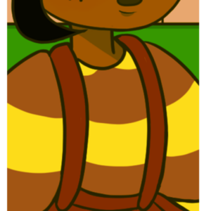 A cartoon of a woman with brown hair and a striped shirt.