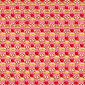 A pattern of cupcakes with red cherries on them.
