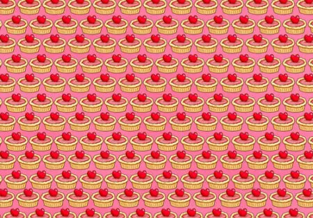 A pattern of cupcakes with red cherries on them.