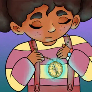 A child holding a clock in front of their face.
