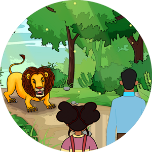 A lion is walking through the jungle with two people.