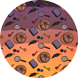 A circular pattern of objects in the background.