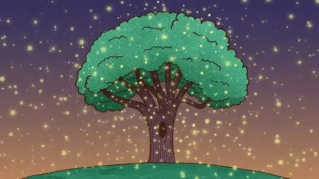 A tree with green leaves and yellow lights on it.