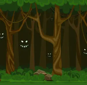 A forest with trees and bushes and some lights
